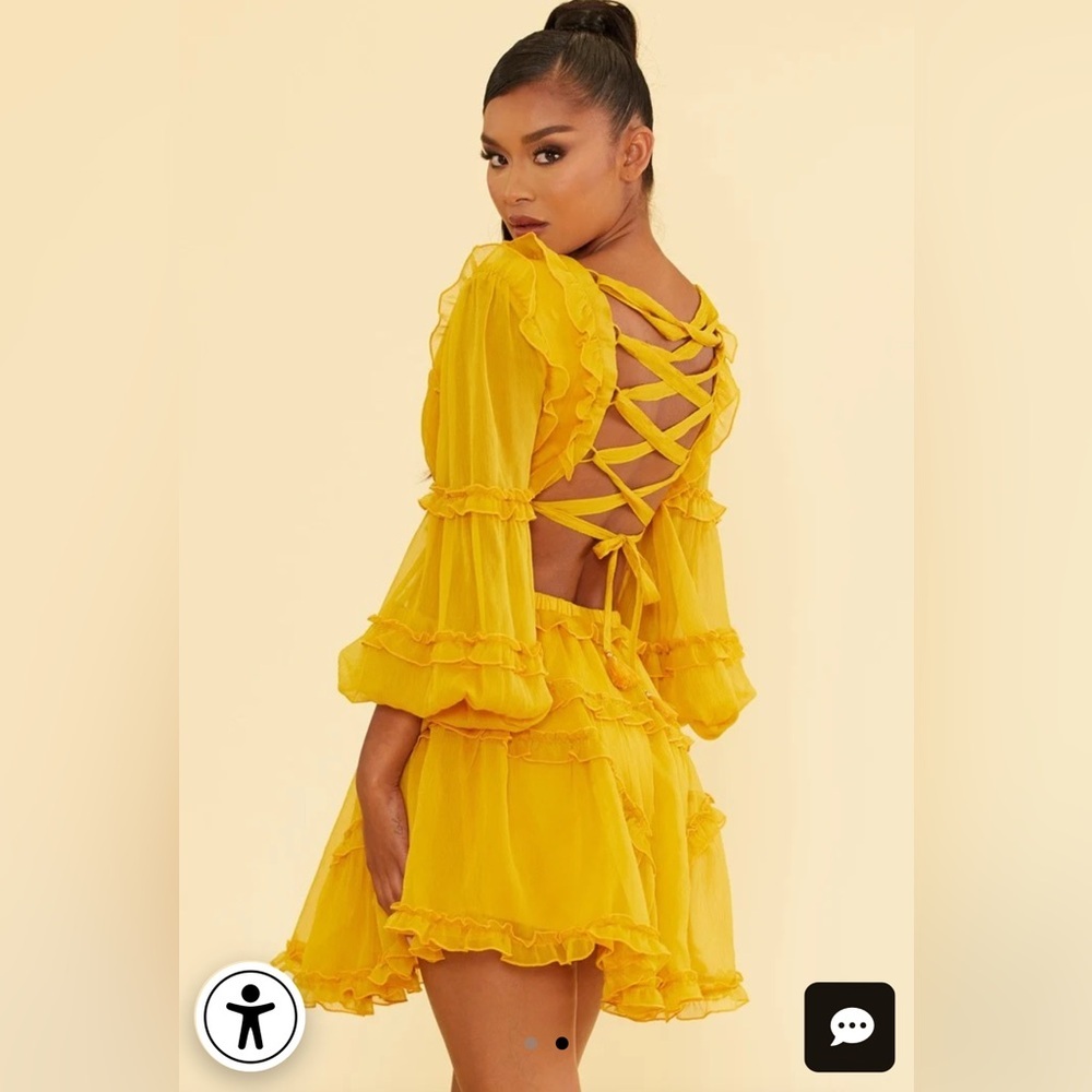 LUXXEL MUSTARD V-NECK RUFFLE CUT-OUT BACK TIE-UP DRESS WITH LONG SLEEVE Size S